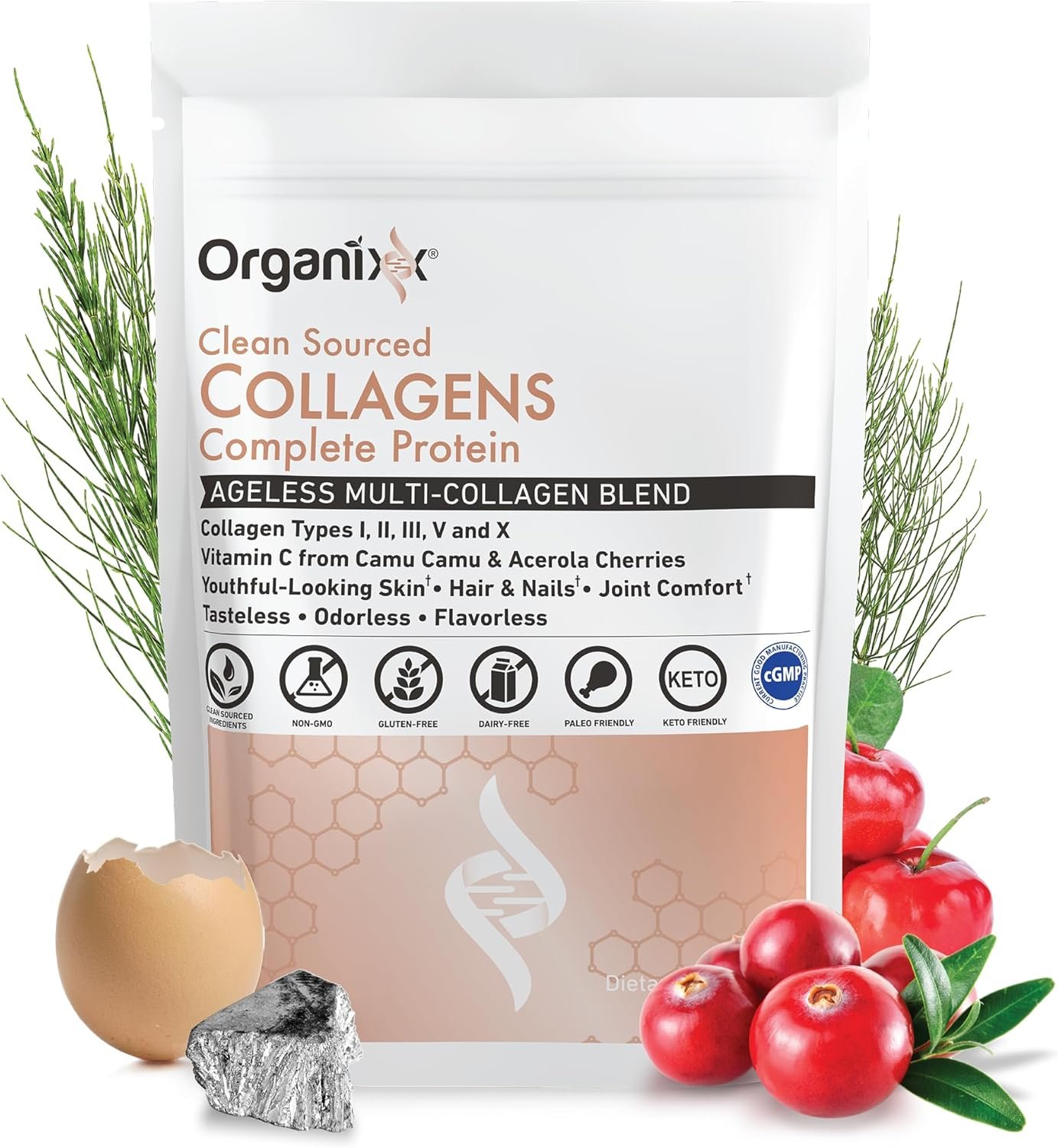 Organixx Collagen Peptides Powder with Vitamin C, Types I, II, III, V, X Hydrolyzed Collagen, Hair, Nail, Skin, Bone & Joint Health, Aging Support, Clean Sourced, Gluten Free, Unflavored, 20 Servings - Image 3