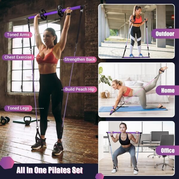 Pilates Bar Kit with Resistance Bands, Multifunctinal Exercise Bar with Ab Roller for Pilates/Abs/Weight Loss, Portable Home Gym Pilates bar kit for Full Body Training Women - Image 6