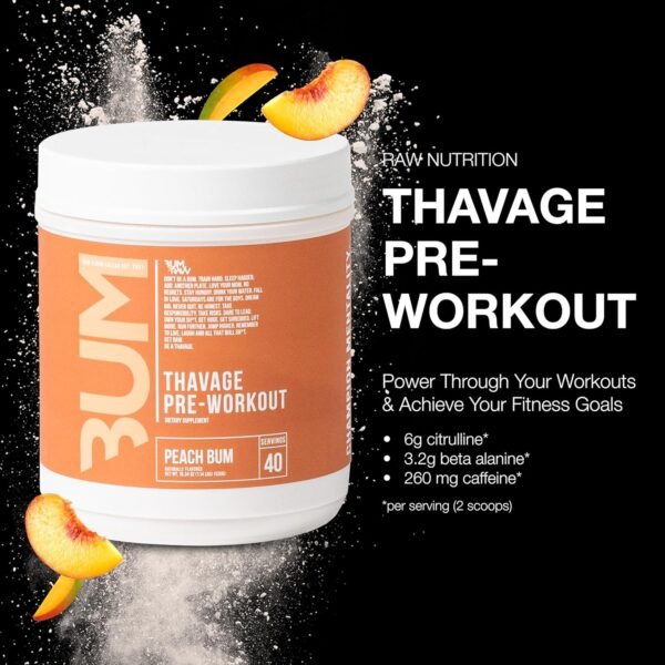 RAW Thavage Pre Workout - Peach Bum Chris Bumstead Pre Workout Formula, Sports Nutrition Pre-Workout Powders Men & Womens Preworkout Drink, Energy Powder for Working Out 40 Servings 1 17.6 Ounce - Image 3