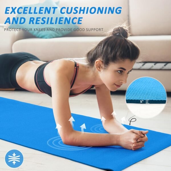 All Purpose 0.25 Inch Thick High Density No Tear Exercise Yoga Mat with Strap & Lightweight Features for Indoor & Outdoor Use, Blue - Image 4