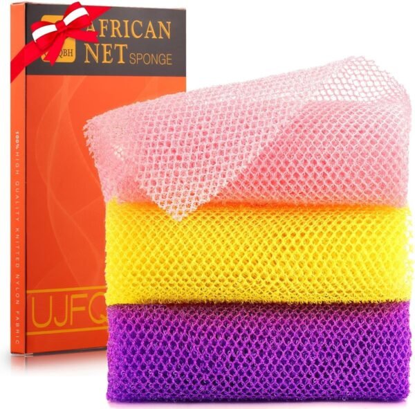 UJFQBH 3 Pieces African Bath Sponge African Net Long Net Bath Sponge Exfoliating Shower Body Scrubber Back Scrubber Skin Smoother,Great for Daily Use (Pink,Yellow,Purple) - Image 2