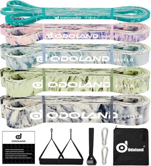 Odoland 5 Packs Pull Up Assist Bands, Pull Up Straps, Resistance Bands with Door Anchor and Handles, Stretch Mobility, Powerlifting and Extra Durable Exercise Bands with eGuide - Image 2