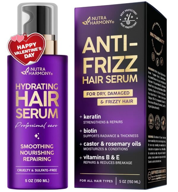 Hydrating Hair Serum for Frizzy and Damaged Hair - Keratin Hair Treatment for Dry Damaged Hair w/ Biotin, Castor Oil, Rosemary Oil, Hair Heat Protectant & Anti Frizz Hair Serum For Frizzy Hair, 5 Oz - Image 2