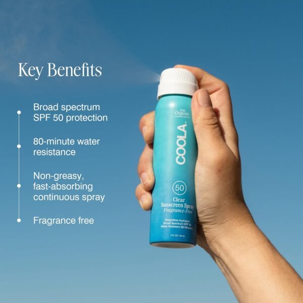 COOLA Organic Sunscreen SPF 50 Sunblock Spray, Dermatologist Tested Skin Care for Daily Protection, Vegan and Gluten Free, Fragrance Free, 2 Fl Oz - Image 4