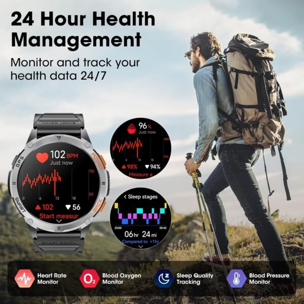 Military Smart Watch for Men with GPS, 1.43" AMOLED Bluetooth Call Smartwatch with LED Flashlight, Rugged Smart Watches for Android iOS, IP68 Waterproof Fitness Tracker with Heart Rate (Black) - Image 7