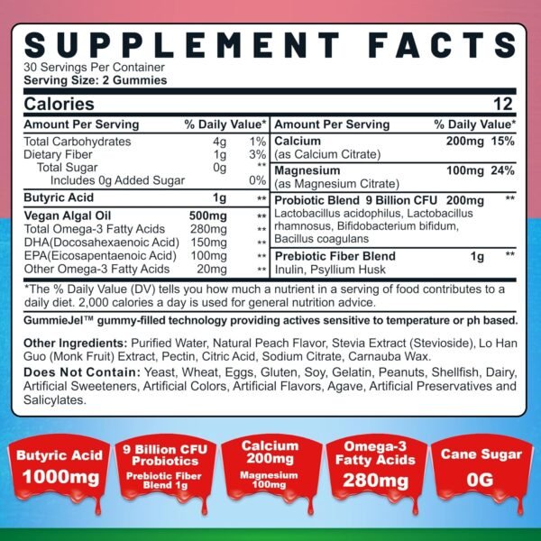 Butyrate Gummies with Probiotic + Prebiotic + Postbiotic, Omega-3 500mg,Fiber with 9 Billion CFU Probiotics, Calcium & Magnesium, Inulin,Psyllium Husk for Digestive Health,Bloating Support,Sugar Free - Image 3