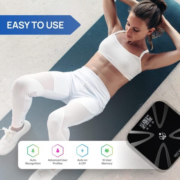 INEVIFIT Body Fat Scale, Highly Accurate Digital Bathroom Body Composition Analyzer, Measures Weight, Body Fat, Water, Muscle, BMI, Visceral levels & Bone Mass for 10 Users. includes Batteries. - Image 4