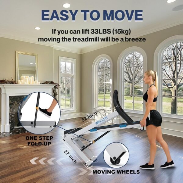 WELLFIT Home Gym Treadmills 15% Auto Incline, 3.5HP Treadmill 350lbs Capacity, Foldable Treadmill for Small Space, Voice Control, LED Console Display, Music Players, 45 * 18 Large Area, 95% Assembled - Image 5