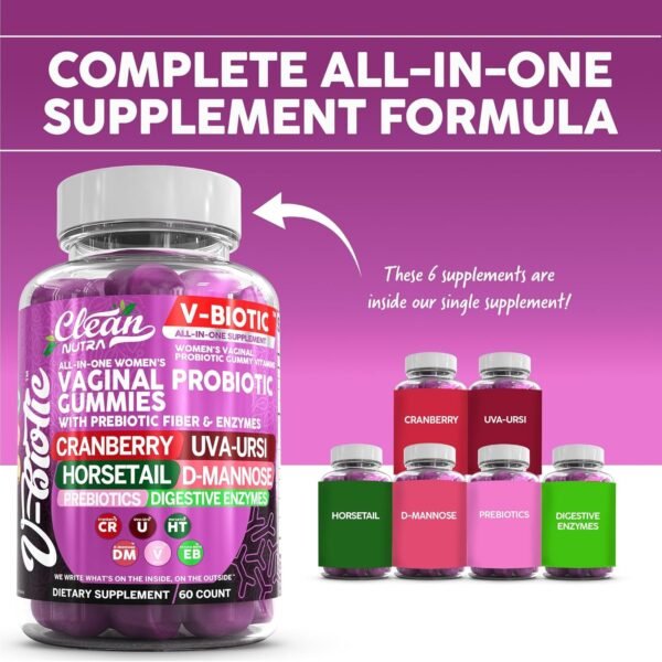 Vaginal Probiotics for Women Gummies with Cranberry, Uva Ursi, Horsetail, D-Mannose, Prebiotics & Digestive Enzymes Women's Vaginal Health Supplement for pH Balance Flora Odor VBiotic by Clean Nutra - Image 3