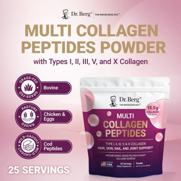 Dr. Berg Multi Collagen Peptides Powder Types I, II, III, V, X - Unflavored Collagen Powder w/ 14 g of Protein - Grass-Fed, Pasture-Raised & Wild-Caught Collagen Sources - 25 Servings - Image 5