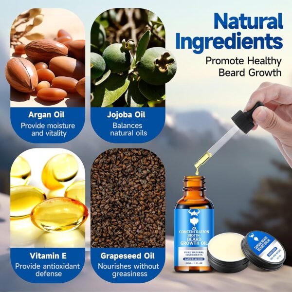 Beard Growth Oil & Beard Balm - Beard Growth Kit with 2X Concentration Biotin for Men, Natural Ingredients with Argan Oil, Jojoba Oil and Vitamin (Sandalwood) - Image 5
