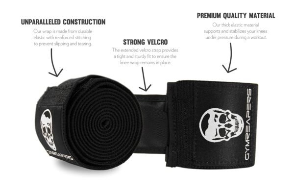Gymreapers Knee Wraps (Pair) With Strap for Squats, Weightlifting, Powerlifting, Leg Press, and Cross Training - Flexible 72" Knee Wraps for Squatting - For Men & Women - 1 Year Warranty (Black) - Image 5
