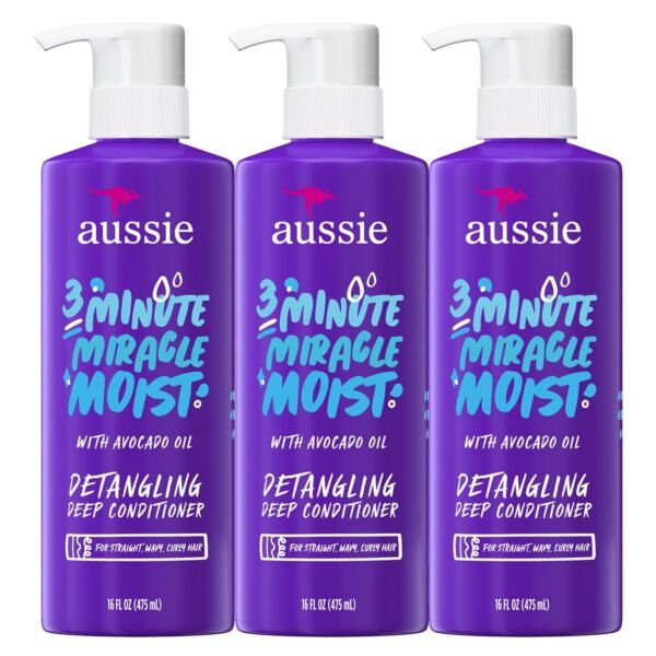 Aussie 3 Minute Miracle Moist Deep Conditioner for Dry Hair, Avocado & Jojoba Oil, Safe for Color Treated Hair, Nourishing Hydration, Silky Shine, Paraben-Free, 16 Fl Oz Each, Triple Pack - Image 2