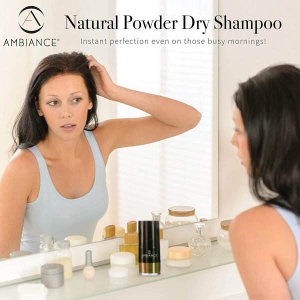 Ambiance Natural Dry Shampoo Powder & Brush for Dark Hair - Non Aerosol Travel Size Brunette Tinted Shampoo - Non Toxic, Benzene Free - Volumizing, Refreshes Oily Hair & Covers Roots Between Colorings - Image 4