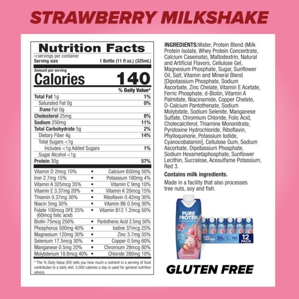 Pure Protein Strawberry Protein Shake, 30g Complete Protein, Ready to Drink and Keto-Friendly, Vitamins A, C, D, and E plus Zinc to Support Immune Health, 11oz Bottles, 12 Pack - Image 4