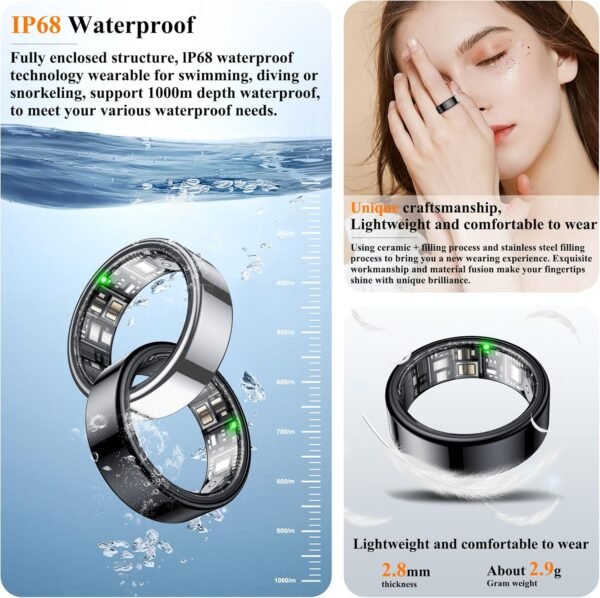 Smart Ring, Heart Rate/Sleep/Blood Oxygen Monitoring, Step Count, Wearable Fitness Tracker, APP Bluetooth Connected, IP68 Waterproof, 7 Days Battery Life, Black (Size 8) - Image 8