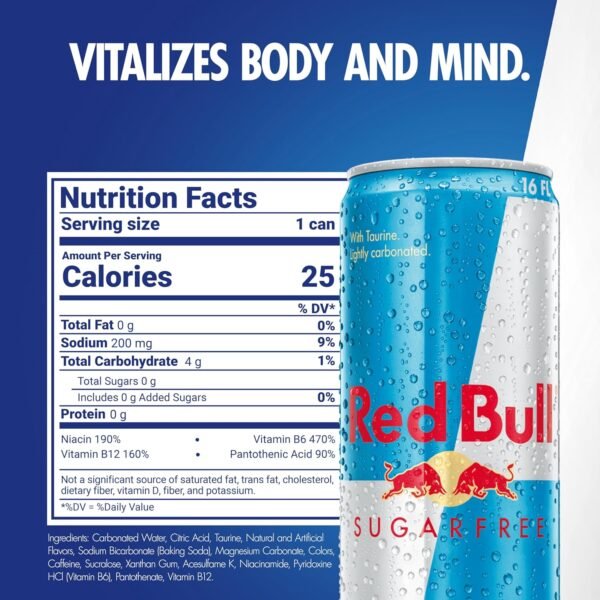 Red Bull Sugar Free Energy Drink with 151mg Caffeine plus Taurine & B Vitamins, 16 Fl Oz, Pack of 12 Cans - Image 3