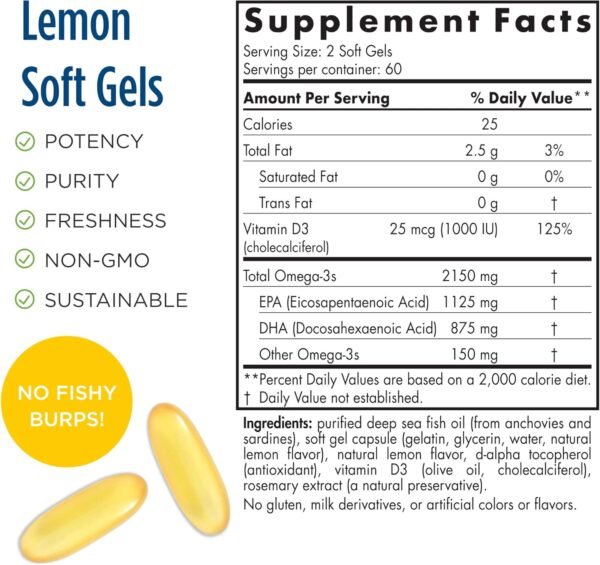 Nordic Naturals ProOmega 2000-D, Lemon Flavor - 2150 mg Omega-3 + 1000 IU D3-120 Soft Gels - Ultra High-Potency Fish Oil - EPA & DHA - Brain, Heart, Joint, & Immune Health - Non-GMO - 60 Servings - Image 3