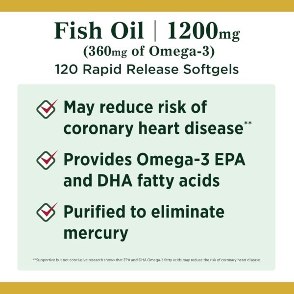 Nature's Bounty Fish Oil, Dietary Supplement, Omega 3, Supports Heart Health, 1200 Mg, 120 Rapid Release Softgels - Image 4