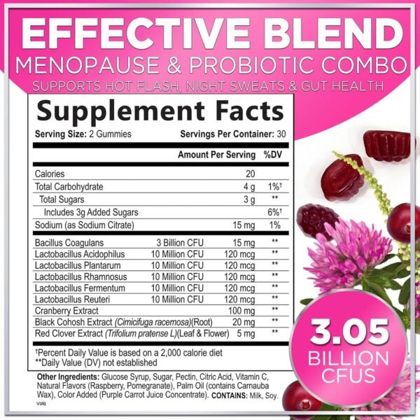 Menopause Supplements for Women Gummies with Black Cohosh, Cranberry & 3 Billion CFU Probiotics - Natural Menopause Balance Relief for Hot Flashes, Night Sweats, Gut & Immune Support - 60 Gummies - Image 3