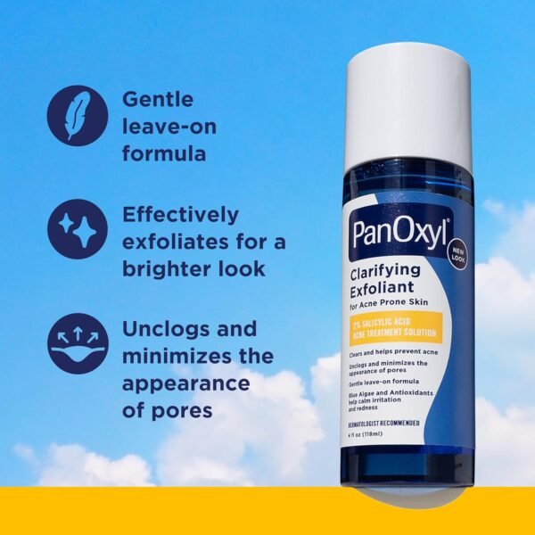 PanOxyl Clarifying Exfoliant with 2% Salicylic Acid, BHA Liquid Exfoliant for Face, Unclogs, Minimizes Appearance of Pores, Blue Algae and Antioxidants Help Calm Redness, For Acne Prone Skin, 4 fl oz - Image 4