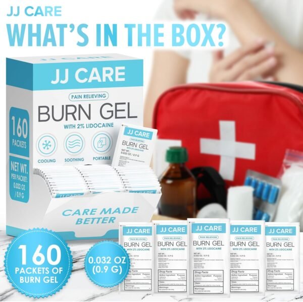 JJ CARE Burn Gel (Pack of 160), Soothing Burn Gel Packets for Minor Burns, First Aid Burn Gel Individual Packets with Lidocaine and Aloe Vera (0.9 Grams per Packet) - Image 6