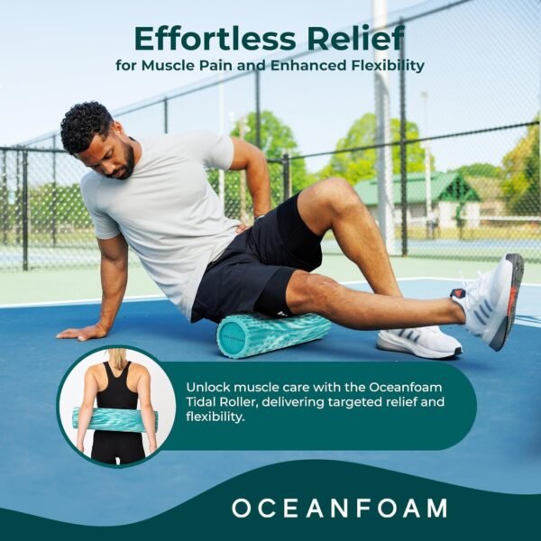 Oceanfoam Tidal Roller - Jade & Seafoam Marbled - Muscle Massage Foam Roller for Back Pain & Stretching - Firm and Ergonomic Wide Wave Textured - Yoga, Athletics, & Wellness - Full Size, 20" x 5" - Image 5