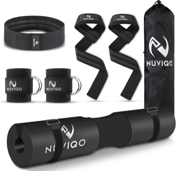 9 Pcs Gym Accessories Set Featuring Barbell Pad with 2 Safety Straps - 2 Ankle Straps for Cable Machine - 2 Weight Lifting Straps - Hip Resistance Band - Carry Bag for Hip Thrust Pad - Image 2