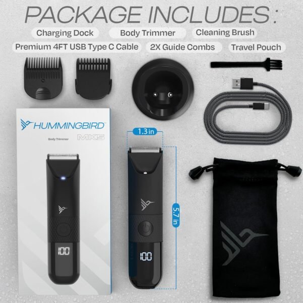 HUMMINGBIRD MK5 Pubic Hair Trimmer for Men – Ceramic Blade, No Nick, No Cut, Ball Trimmer, Waterproof, USB-C Rechargeable, LED Display, Charging Dock & Travel Pouch, Body Trimmer & Ball Shaver - Image 8
