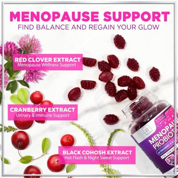 Menopause Supplements for Women Gummies with Black Cohosh, Cranberry & 3 Billion CFU Probiotics - Natural Menopause Balance Relief for Hot Flashes, Night Sweats, Gut & Immune Support - 60 Gummies - Image 4