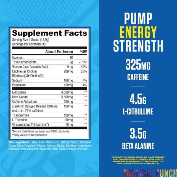 Ryse Loaded Pre Workout Powder Supplement for Men & Women | Pumps, Energy, Focus | Beta Alanine + Citrulline | 325mg Caffeine | 30 Servings (Tropical Punch) - Image 3