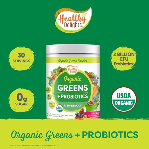 Healthy Delights Organic Greens Powder, Greens Powder with Fiber, Organic Greens Powder Superfood, Naturally Boost Energy, USDA Organic, Delicious Berry Flavored, 30 Servings (Packaging May Vary) - Image 5