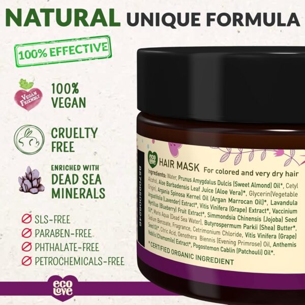 ecoLove Hair Mask for Dry Damaged Hair, Natural Hair Mask Deep Conditioning, 11.8 oz - Vegan and Cruelty-Free, With Lavender Extract, Organic Ingredients, SLS and Parabens Free - Image 3
