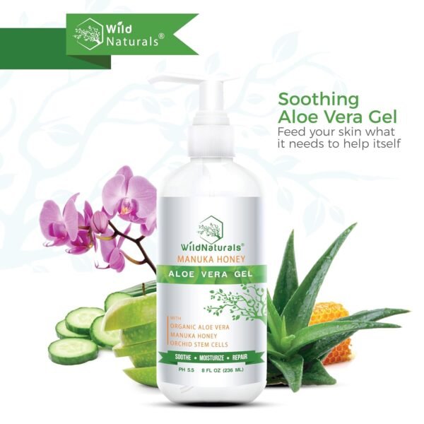 Wild Naturals 100% Pure Aloe Vera Gel with Manuka Honey – Organic Gel for Sunburn Relief, Acne, Scars & Dry Scalp – Moisturizing Gel for Face, Hair & Body - Image 3