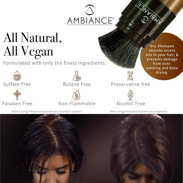 Ambiance Natural Dry Shampoo Powder & Brush for Dark Hair - Non Aerosol Travel Size Brunette Tinted Shampoo - Non Toxic, Benzene Free - Volumizing, Refreshes Oily Hair & Covers Roots Between Colorings - Image 3