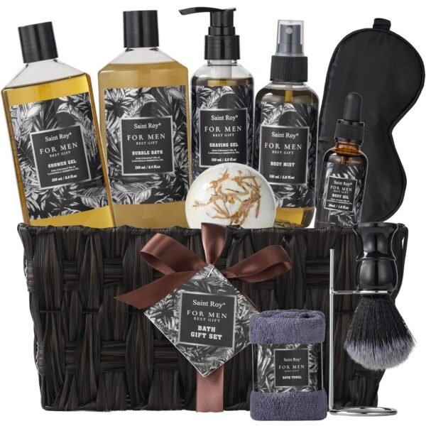 Bath and Body Gift Basket Set Spa Gift Basket Set for Men Fathers Gifts for Him Beard Shaving Kit Men's Beard Kit Brush Men Face Care Perfume Spa Kit for Men with Beard Brush Rack,Gifts for Dad son - Image 2