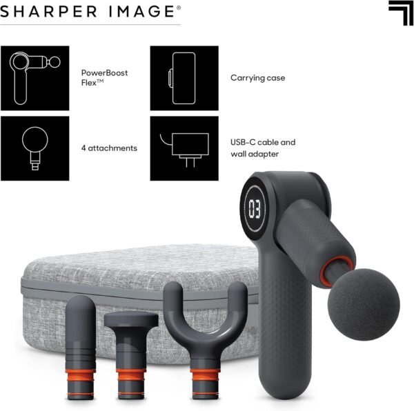 Sharper Image Powerboost Flex Percussion Massager, 120° Pivot Massage Gun, 6 speeds, 4 Attachments, Neck Back & Full Body Massage, Compact Pain Relief, Portable Athlete Muscle Recovery, Gifts for Men - Image 9