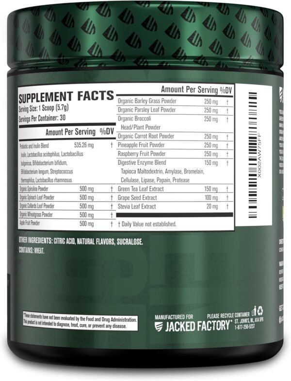 Jacked Factory Green Surge Green Superfood Powder- Keto Friendly Greens Drink w/Spirulina, Wheat & Barley Grass, Organic Greens - Green Tea Extract, Probiotics & Digestive Enzymes - Sour Apple - 30sv - Image 7