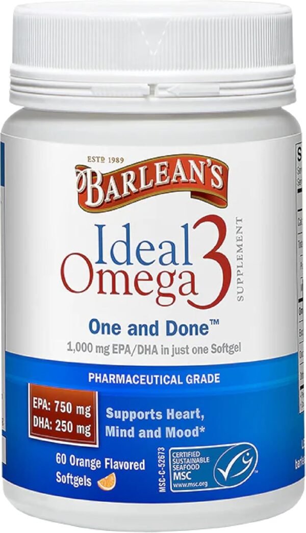 Barlean's Ideal Omega 3 Fish Oil Supplement, 1,000 mg Softgels, Pharmaceutical Grade EPA & DHA for Brain, Joint, & Heart Health, Orange Flavor, 60 ct - Image 2