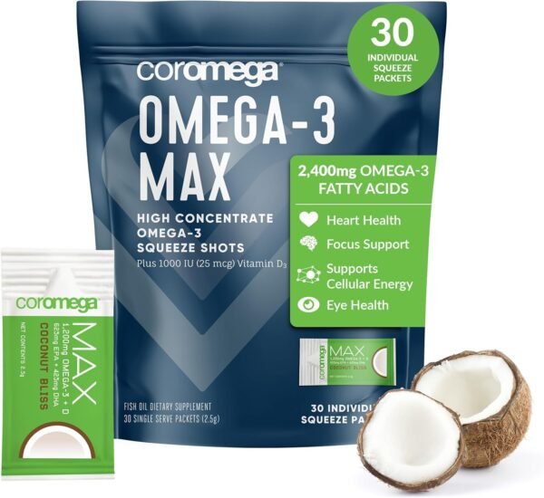 Coromega MAX 2400mg Omega-3 Fish Oil + Vitamin D (30 Squeeze Packets, Coconut Bliss) Wild-Caught, No Fishy Taste - 3X Better Absorption Than Softgels, Supports Brain & Heart Health - Image 2