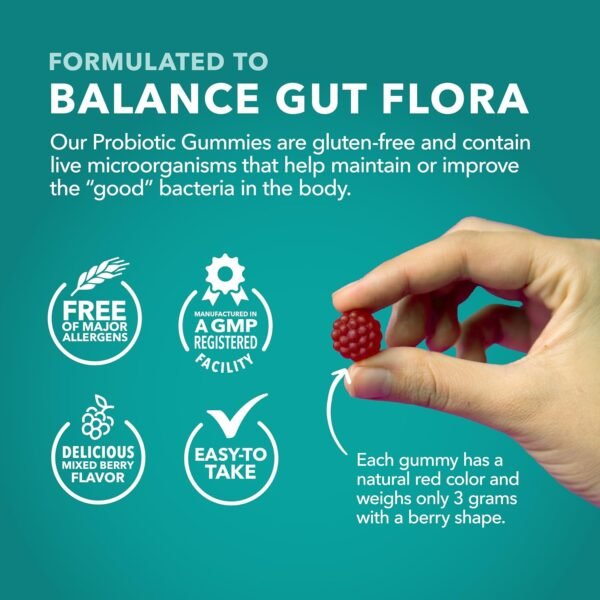 Probiotic Gummies for Digestive Support and Gut Health - 1 Billion CFU Bacillus Coagulans - 60 Count - Shelf Stable, Non-GMO, Gluten-Free, and Vegetarian - 2 Month Supply, Mixed Berry Flavor - Image 5