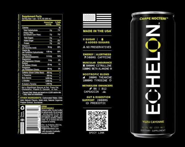Echelon Pre-Workout Energy Drink - 12-Pack, Yuzu Cayenne - Peak Performance, Sustained Energy, Focus and Endurance Dietary Supplement - 300mg of Caffeine, Beta-Alanine, L-Theanine & Fiber - Vegan - Image 6