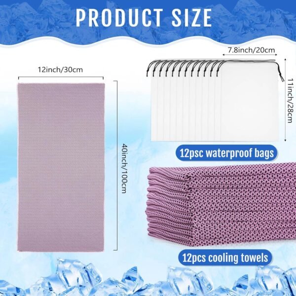 12 Pcs Cooling Towels for Face and Neck 12 x 40 Inch Workout Towels for Gym Fast Drying Hot Weather Gym Towels Sweat Rag Cold Cooling Cloth with 12 Bags for Athletes Sport Yoga Golf (Pink) - Image 3
