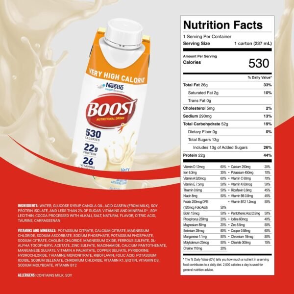 Boost Very High Calorie Vanilla Nutritional Drink – 22g Protein, 530 Nutrient Rich Calories, 8 Fl Oz (Pack of 24) - Image 3