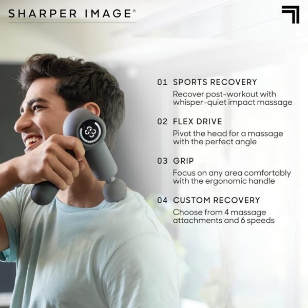 Sharper Image Powerboost Flex Percussion Massager, 120° Pivot Massage Gun, 6 speeds, 4 Attachments, Neck Back & Full Body Massage, Compact Pain Relief, Portable Athlete Muscle Recovery, Gifts for Men - Image 8