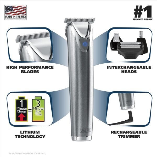 Wahl USA Stainless Steel Lithium Ion 2.0+ Beard Trimmer for Men - Electric Shaver & Nose Ear Trimmer - Rechargeable All in One Men's Grooming Kit - Model 9864SS - Image 3