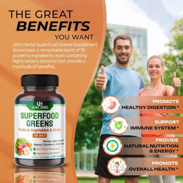 Superfood Greens 18 IN 1 - 18,100mg with Fruits & Vegetables & Herbs -Moringa, Alfalfa, Apple, Spinatch, Banana, Strawberry- Boost Energy, Immunity and Gut Health (150-day supply (pack of 1)) - Image 5