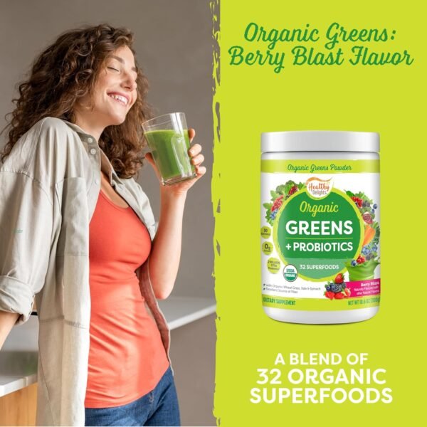 Healthy Delights Organic Greens Powder, Greens Powder with Fiber, Organic Greens Powder Superfood, Naturally Boost Energy, USDA Organic, Delicious Berry Flavored, 30 Servings (Packaging May Vary) - Image 4