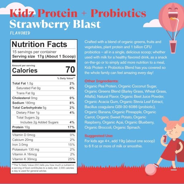 Amazing Grass Kidz Superfood: Vegan Protein & Probiotics for Kids with Beet Root Powder & 1/2 Cup of Leafy Greens, Strawberry Blast, 15 Servings - Image 3