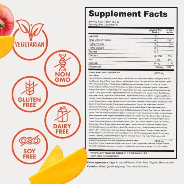Zena Organic Super Greens Powder, 70+ Superfoods Drink Mix, 0 Sugar, 3G Fiber, Fruits, Veggies, Spirulina, Chlorella, Antioxidants, Pre & Probiotics, Digestive Enzymes, Mango Flavor, 30 Packets - Image 5